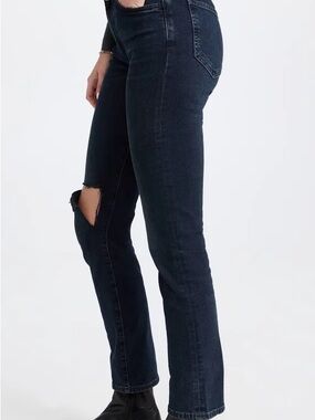 7 For All Mankind Dark Blue Straight Leg Jeans with Knee Rip